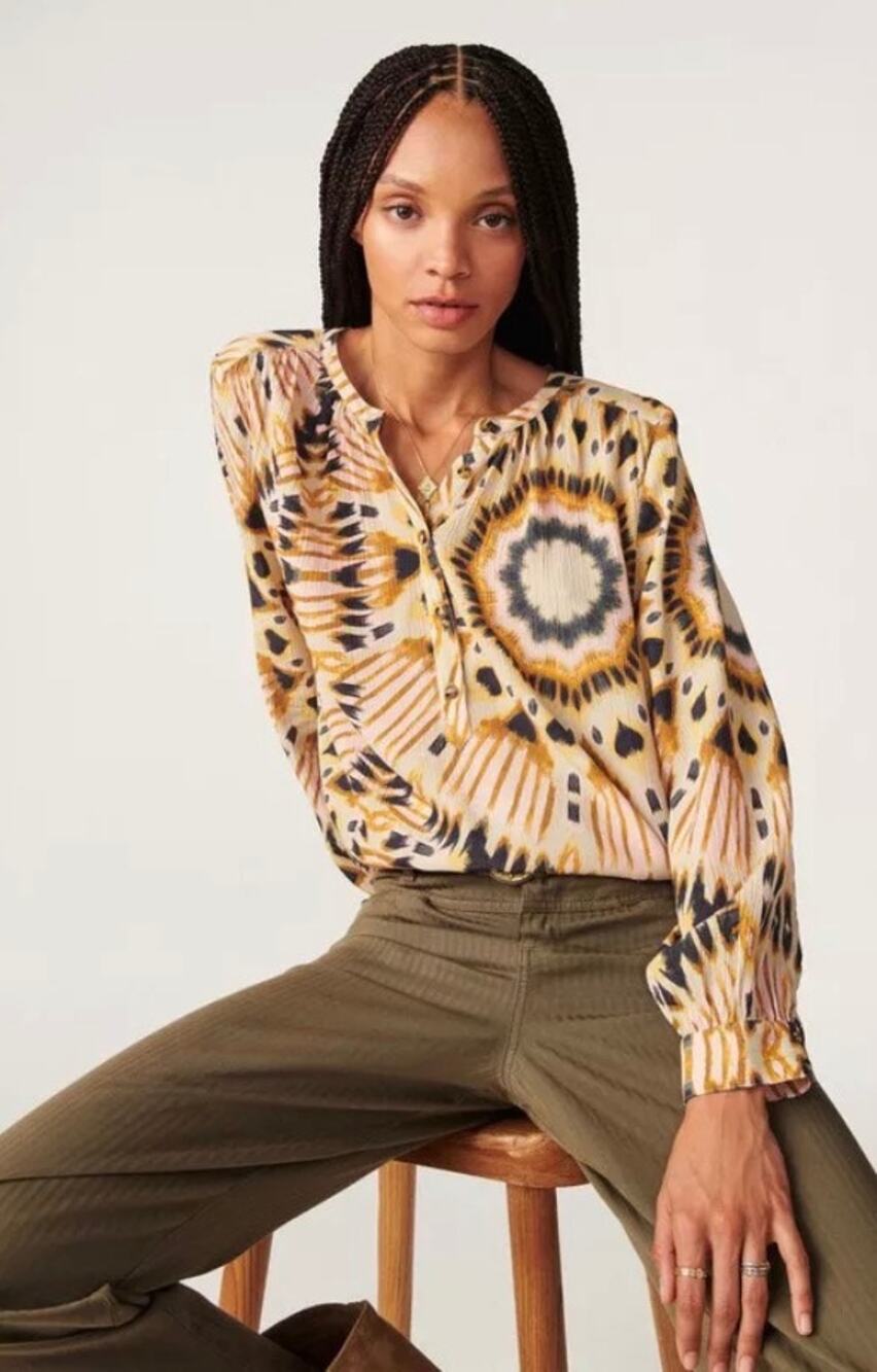 ba&sh Ikat Animal Print Long Sleeve Blouse | Parisian Boho | Crinkle Fabric
